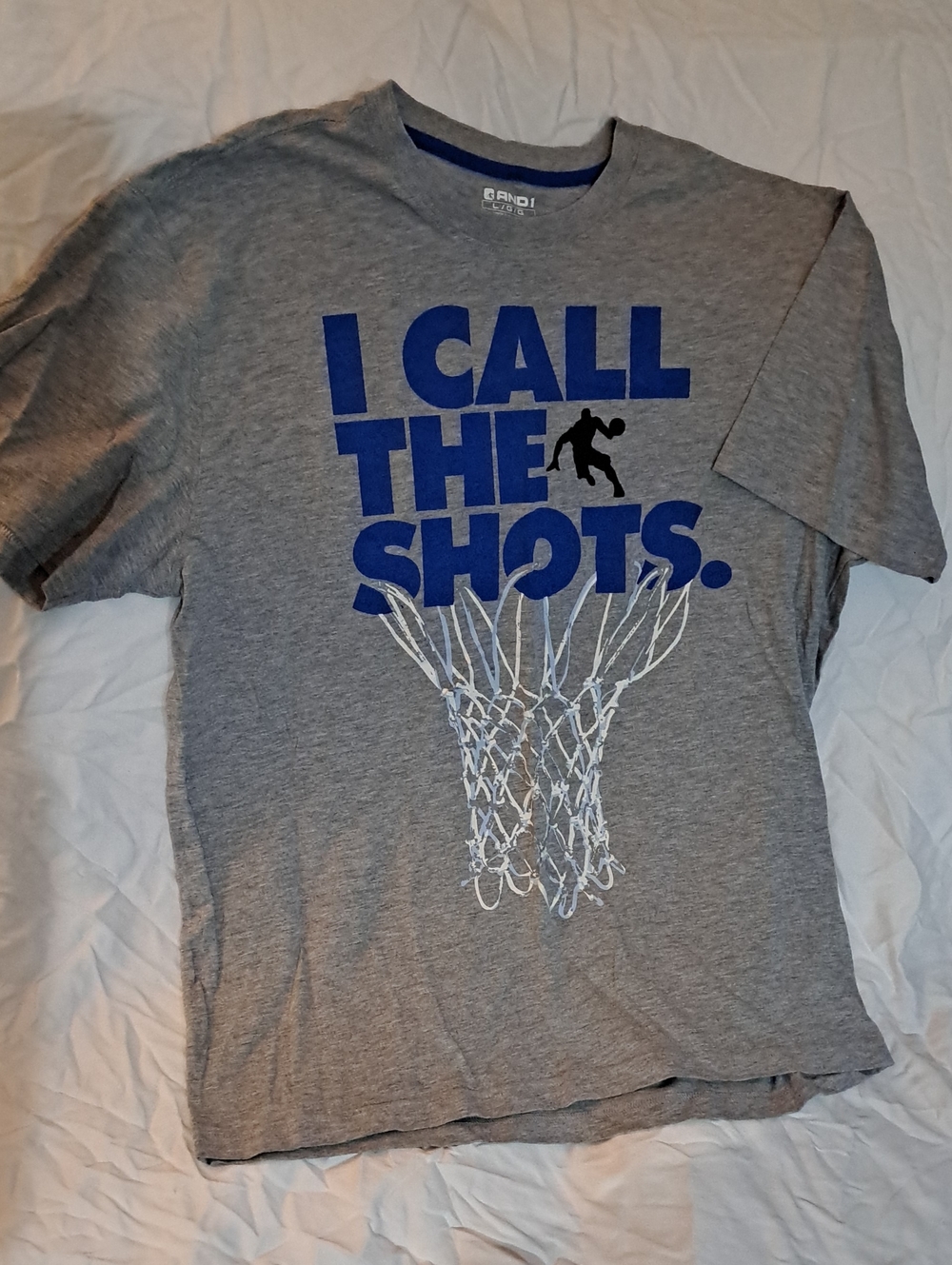 AND1 Gray Graphic Tee "I CALL THE SHOTS" with Blue Print
